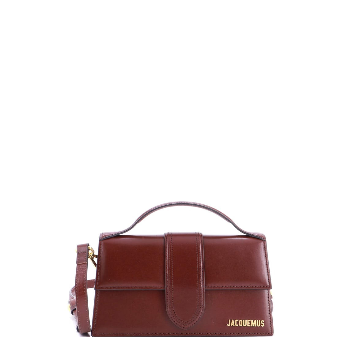 Jacquemus Le Grand Bambino Flap Bag Leather Brown: A Jacquemus Le Bambino Flap Bag in brown leather. This is the Grand format. Authenticity is guaranteed by Maison de Beaubigonne. Approximate dimensions are 4.5 x 9.5 x 3 inches. Structured enough to