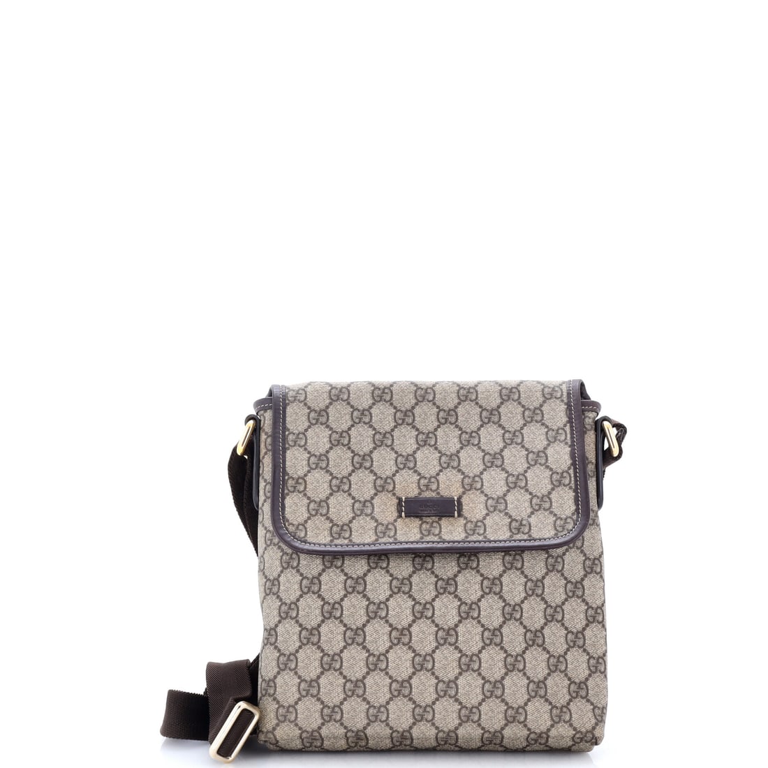Gucci Flap Messenger GG Coated Canvas Small Brown: Gucci's Flap Messenger GG in brown coated canvas. Offered in the Small size. The piece measures roughly 10 x 9 x 2 inches. Its balance of form and brand identity positions it as a dependable lot in