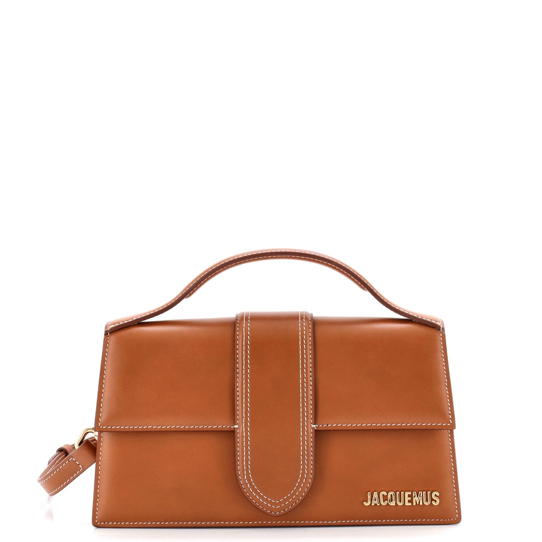 Jacquemus Le Grand Bambino Flap Bag Leather Brown: Jacquemus's Le Bambino Flap Bag in brown leather. This is the Grand format. The piece measures roughly 4.5 x 9.5 x 3 inches. A wearable, well-recognized design that translates easily from daily use