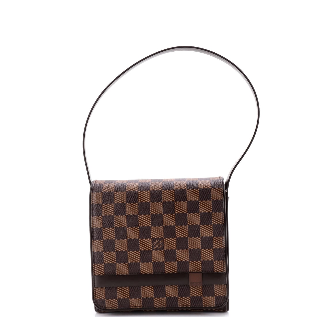 Louis Vuitton Tribeca Handbag Damier Mini Brown: A Louis Vuitton Tribeca Handbag in brown Damier canvas. The Damier check is one of Louis Vuitton's enduring house patterns. Offered in the Mini size. Scale runs to about 7 x 7 x 2.5 inches.