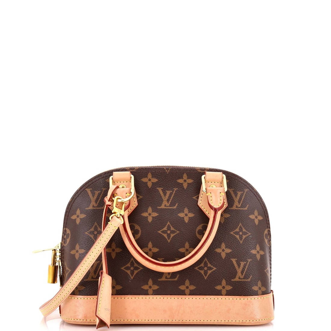 Louis Vuitton Alma Handbag Monogram Canvas BB: Louis Vuitton Alma Handbag Monogram Canvas BB, worked in Monogram coated canvas. It measures approximately 9 x 7 x 4.5 in. The bag is sized in the smaller BB size. Within the house's range, the Alma