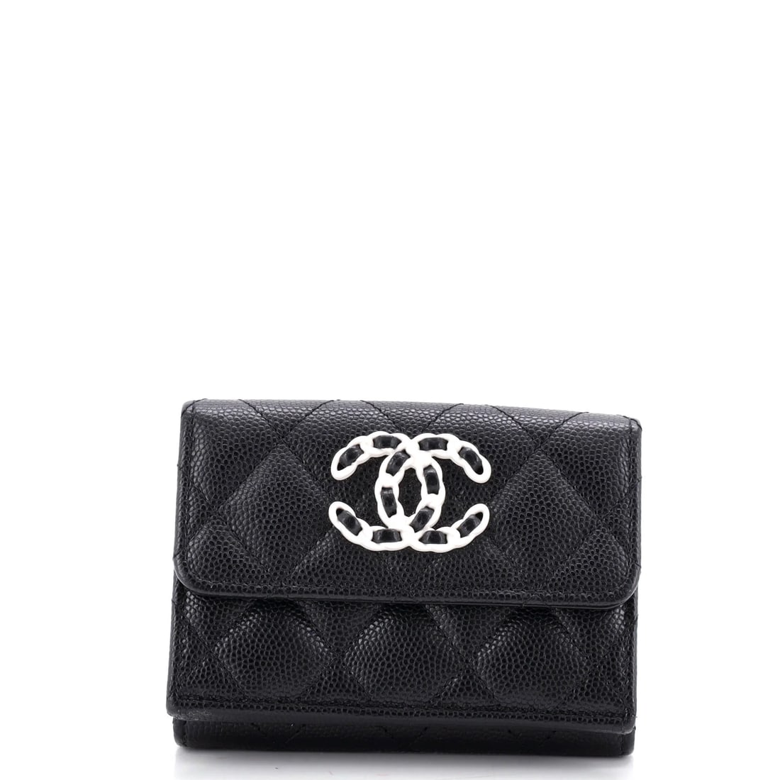 Chanel 19 Trifold Flap Wallet Quilted Caviar Small: Chanel 19 Trifold Flap Wallet Quilted Caviar Small enters the salon with a clear, recognizable profile. At approximately 4 x 3 x 1 in, its proportions are easy to picture. Quilted Caviar grained