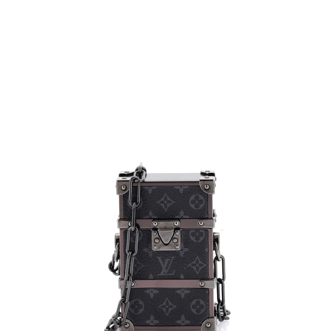Louis Vuitton Trunk Box Pouch Monogram Eclipse Canvas: Dark Monogram Eclipse coated canvas gives this Louis Vuitton Trunk pouch its surface character. The surface is dark Monogram Eclipse coated canvas. The piece measures about 2 x 4 x 1 in. The design dr