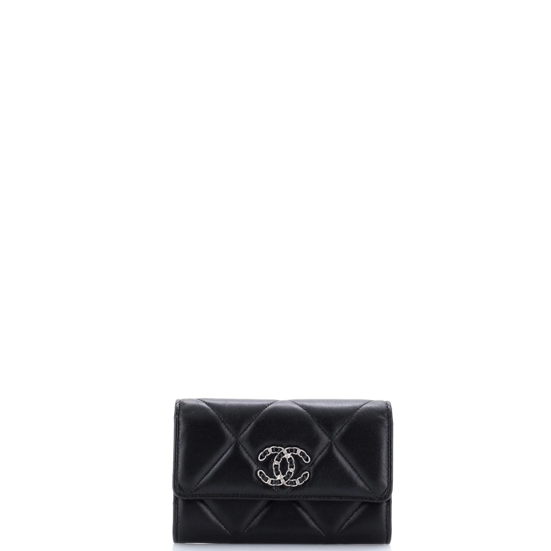 Chanel 19 Flap Wallet Quilted Lambskin Small: Up for bidding is the Chanel 19 wallet. The Chanel 19 is recognized for its oversized chain and relaxed quilting. The bag is sized to a small scale. Quilted lambskin carries the finish. Recorded dimen