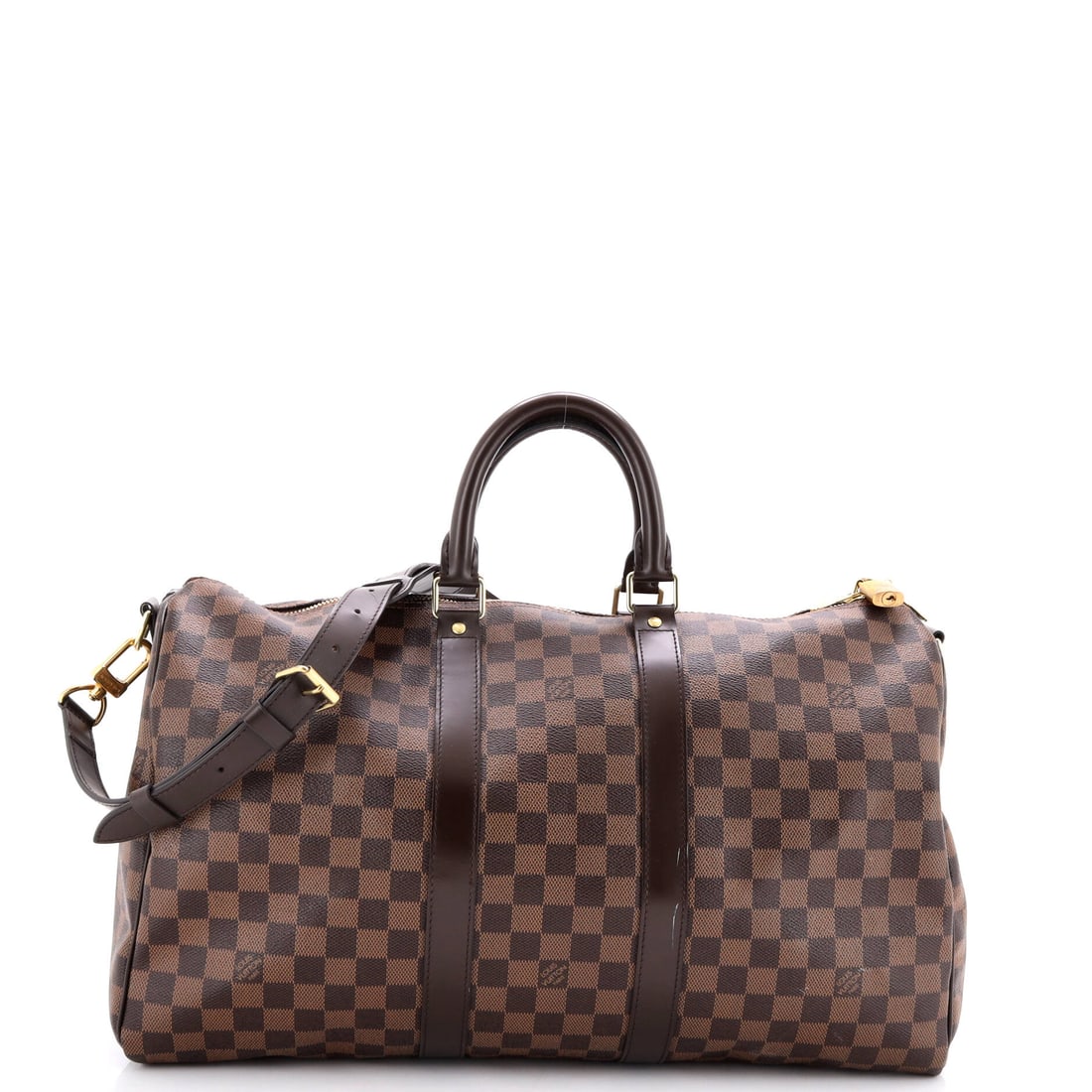 Louis Vuitton Keepall Bandouliere Bag Damier 45: Here is the Louis Vuitton Keepall travel bag, finished in Damier coated canvas. At approximately 18 x 12 x 8 in, its proportions are easy to picture. It helps to recall that the Keepall is the house's
