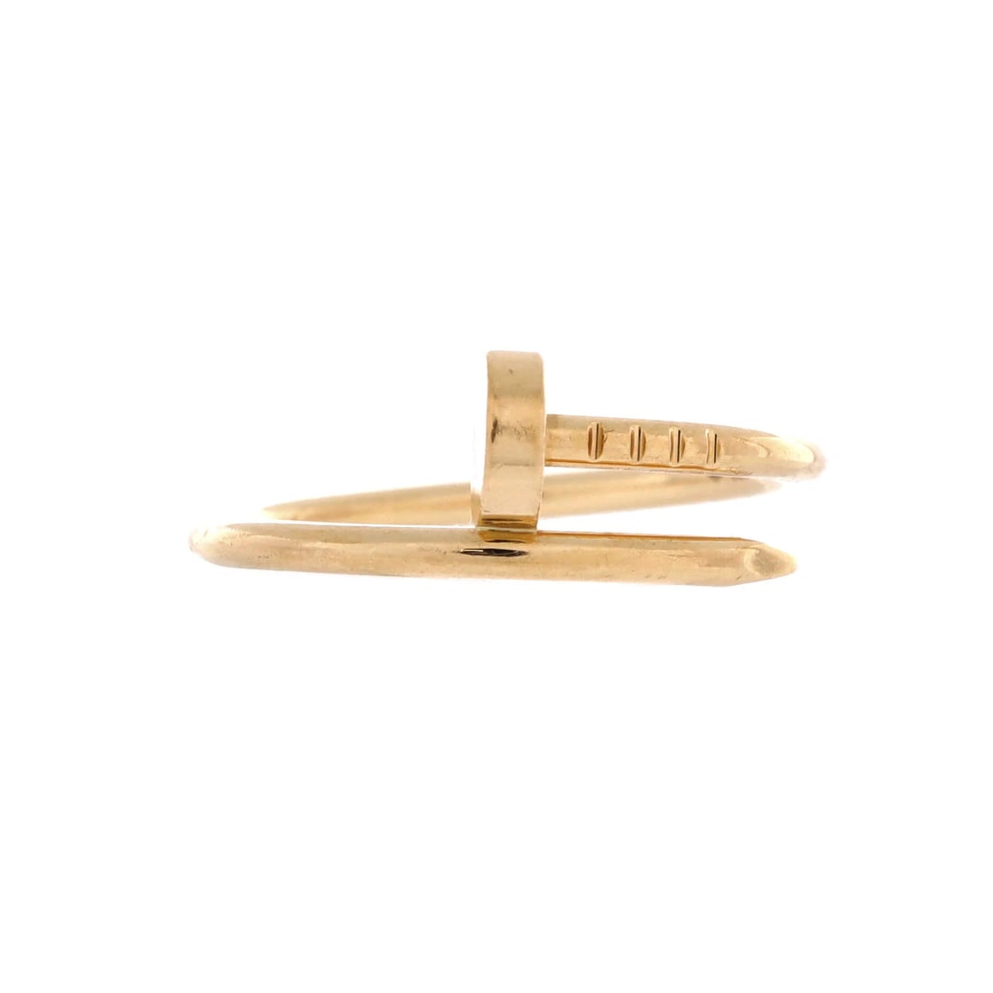 Cartier Juste un Clou Ring 18K Yellow Gold Small: 18K yellow gold gives this Cartier Juste un Clou ring its surface character. Within the house's range, Juste un Clou reinterprets an ordinary nail into a sleek, graphic jewel. Ring size is given as US