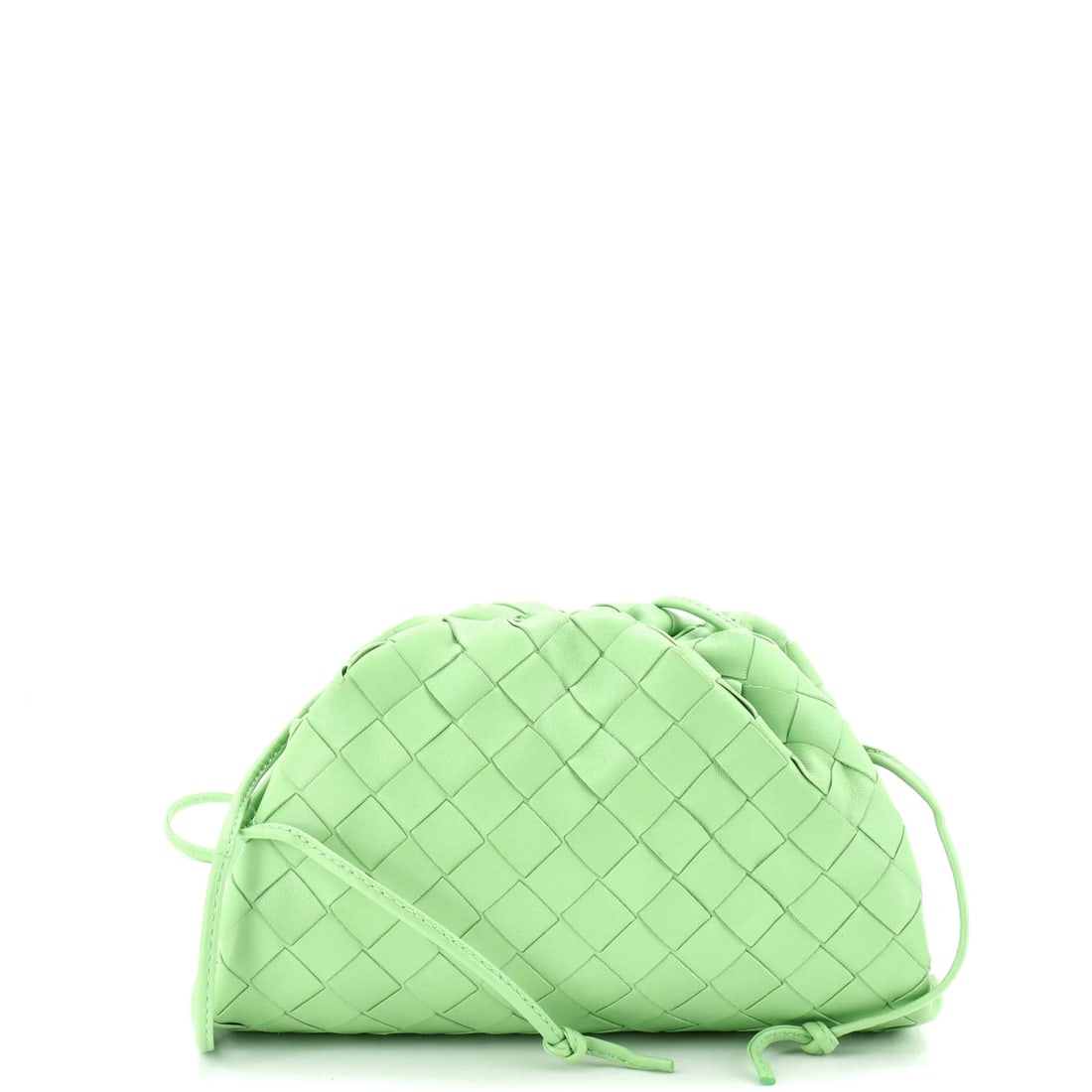 Bottega Veneta The Pouch Intrecciato Nappa Mini: Rendered in the house's signature Intrecciato woven nappa, the Bottega Veneta The Pouch pouch shows the house's hand. Dimensions are listed at about 8 x 5 x 2 in. By way of context, The Pouch is known