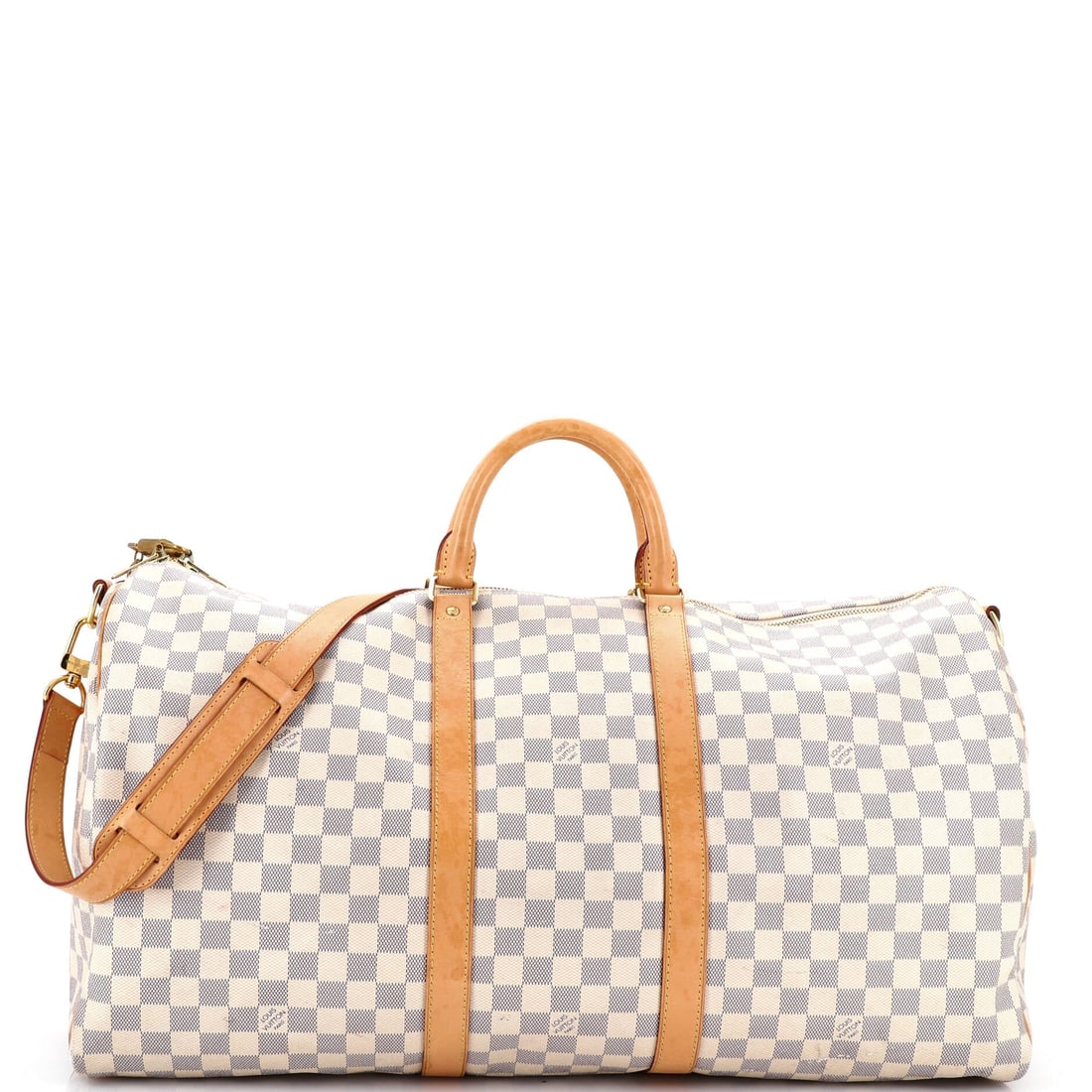 Louis Vuitton Keepall Bandouliere Bag Damier 55: Built in Damier coated canvas, this Louis Vuitton Keepall travel bag reads clearly at a glance. It helps to recall that the Keepall is the house's defining soft travel bag. Dimensions are listed at ab