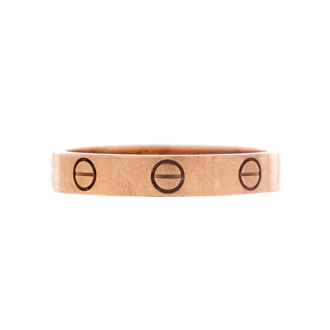 Cartier Love Wedding Band Ring 18K Rose Gold 8-57: The Love ring is one of Cartier's more legible designs. 18K rose gold forms the body. Ring size is given as US 8 / EU 57. It helps to recall that the Love collection is built around its signature scre