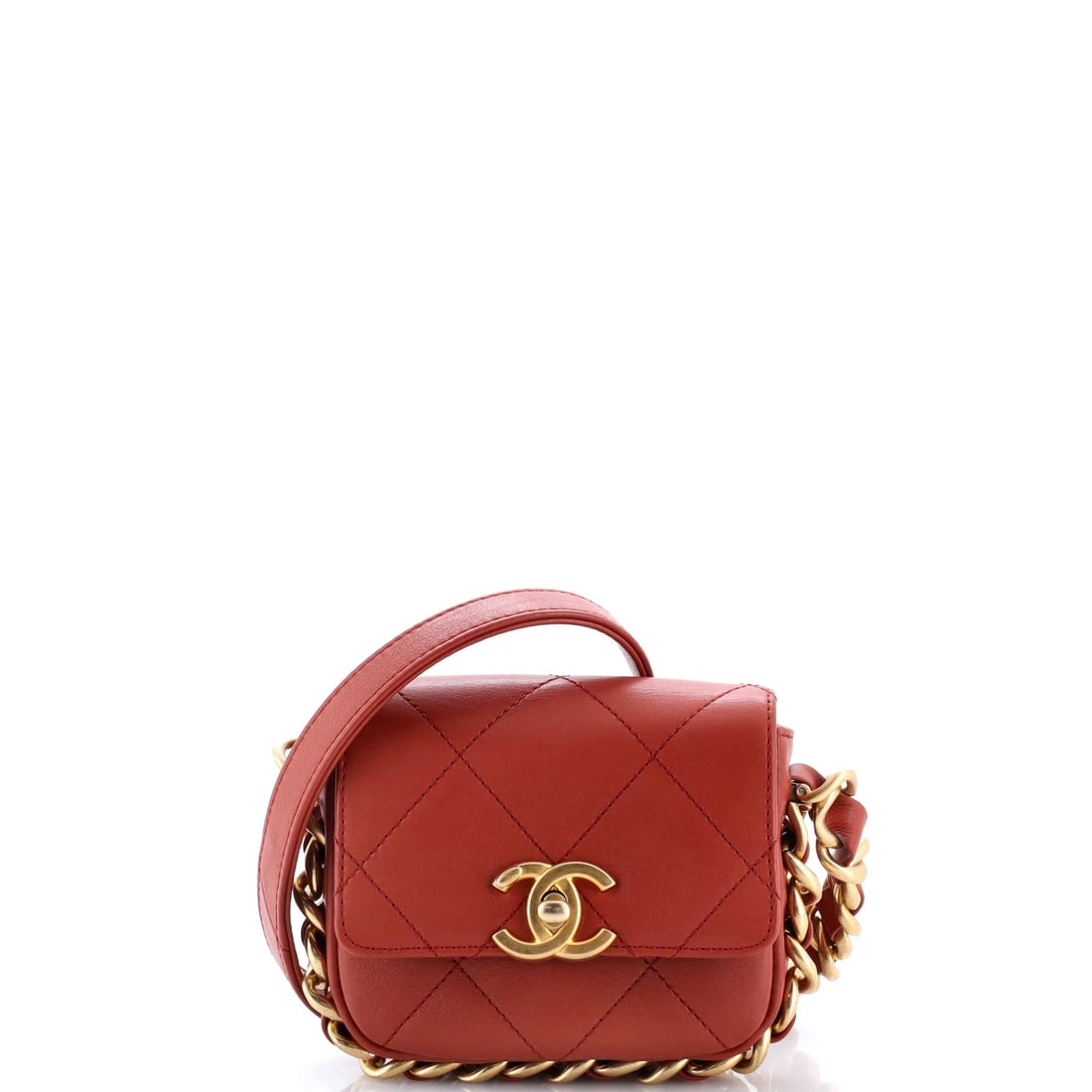 Chanel Framing Chain Flap Bag Quilted Calfskin Mini: Cut from smooth calfskin, the Chanel Framing Chain Flap Bag Quilted Calfskin Mini keeps a clean, legible line. Recorded dimensions are roughly 5 x 4 x 1.5 in. It comes in a mini scale. The body keeps 