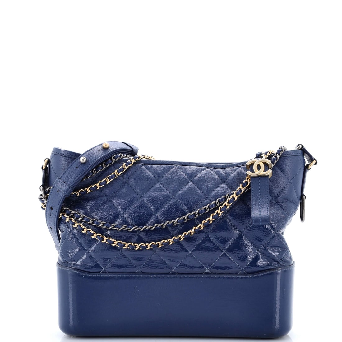 Chanel Gabrielle Hobo Quilted Goatskin and Patent Medium: The Chanel Gabrielle hobo bag needs little introduction among collectors. It comes in a medium scale. At approximately 11 x 8.5 x 4 in, its proportions are easy to picture. The Gabrielle is known for