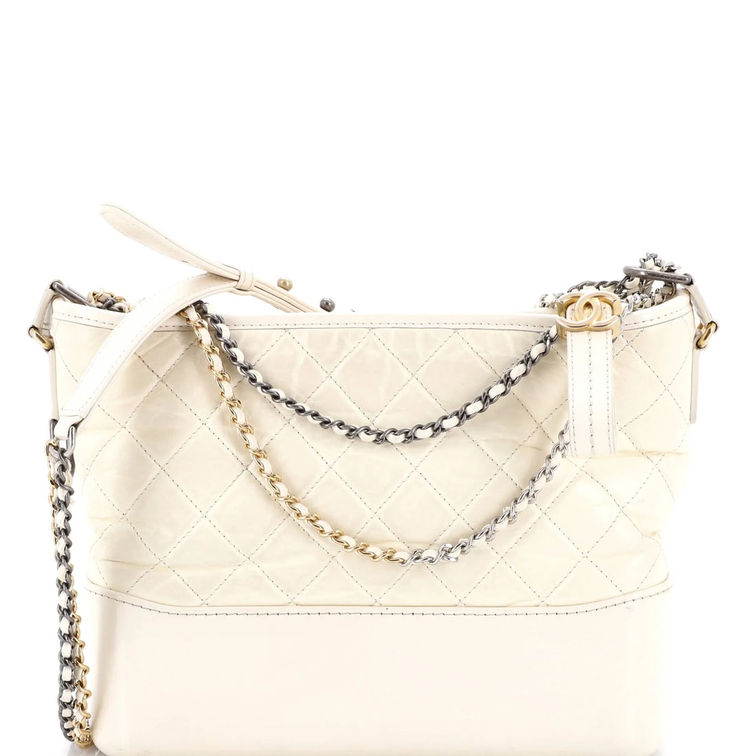 Chanel Gabrielle Hobo Quilted Aged Calfskin Medium: Chanel Gabrielle Hobo Quilted Aged Calfskin Medium, worked in smooth calfskin. Dimensions are listed at about 12 x 9 x 4 in. By way of context, the Gabrielle is known for its hybrid hobo shape and dua