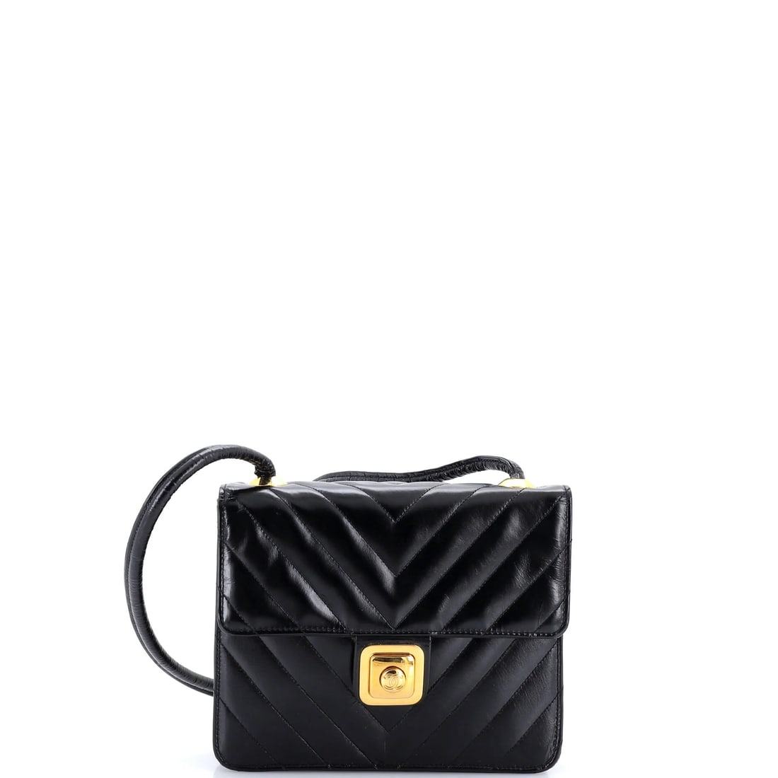 Chanel Vintage Push Lock Flap Bag Chevron Lambskin Small: Up for bidding is the Chanel Vintage Push Lock Flap Bag Chevron Lambskin Small. It measures approximately 8 x 6 x 1.5 in. It comes in a small scale. The surface is chevron-quilted leather with soft la