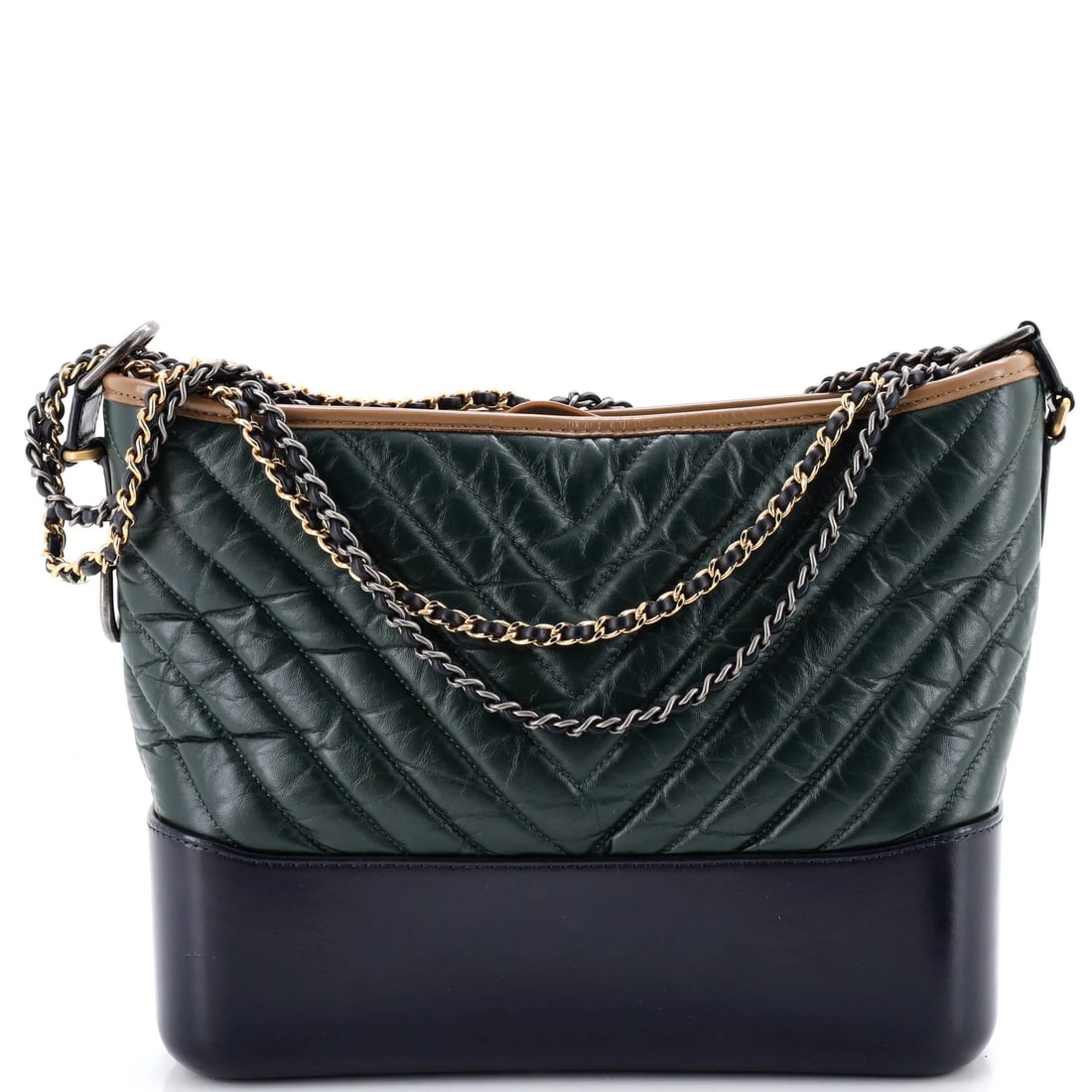 Chanel Gabrielle Hobo Chevron Aged Calfskin Medium: Rendered in chevron-quilted leather with smooth calfskin, the Chanel Gabrielle hobo bag shows the house's hand. The bag is sized to a medium scale. The piece measures about 11 x 8.5 x 4 in. Collectors