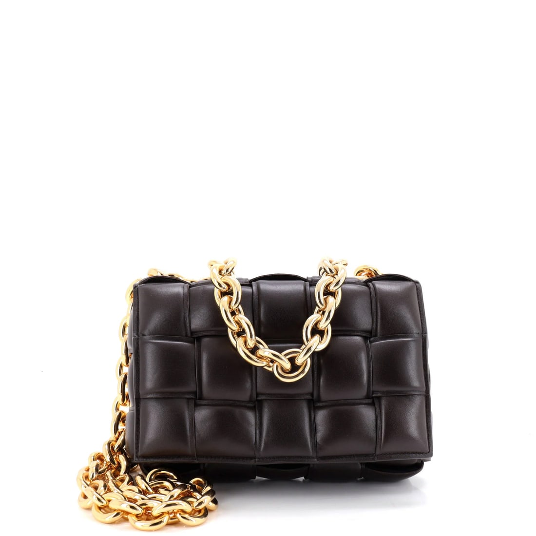 Bottega Veneta Cassette Chain Crossbody Bag Padded Maxi Intrecciato Leather: The Cassette crossbody bag is one of Bottega Veneta's more legible designs. It comes in an oversized maxi scale. The material is signature Intrecciato woven leather. Collectors know that the Cassette 
