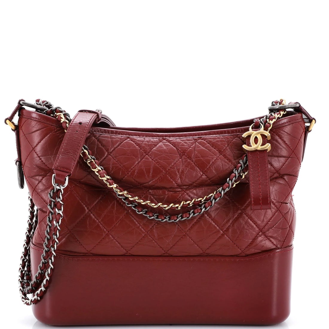 Chanel Gabrielle Hobo Quilted Aged Calfskin Medium: Smooth calfskin gives this Chanel Gabrielle hobo bag its surface character. The piece measures about 10 x 9 x 4 in. It is worked in smooth calfskin. Within the house's range, the Gabrielle is known fo