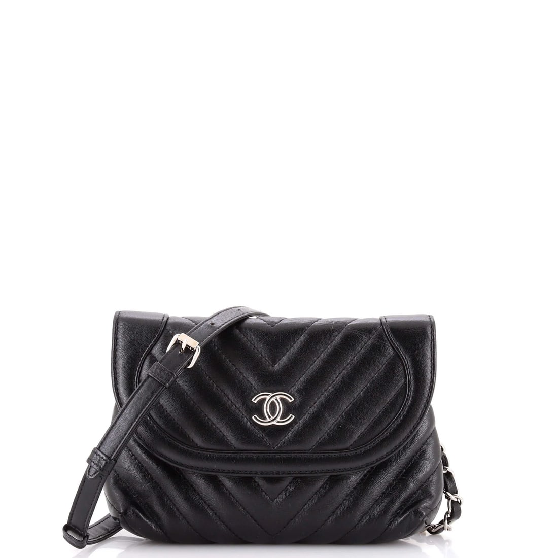 Chanel Round Flap Convertible Waist Bag Chevron Calfskin: Rendered in chevron-quilted leather with smooth calfskin, the Chanel Round Flap Convertible Waist Bag Chevron Calfskin shows the house's hand. At approximately 8 x 5.5 x 2 in, its proportions are easy