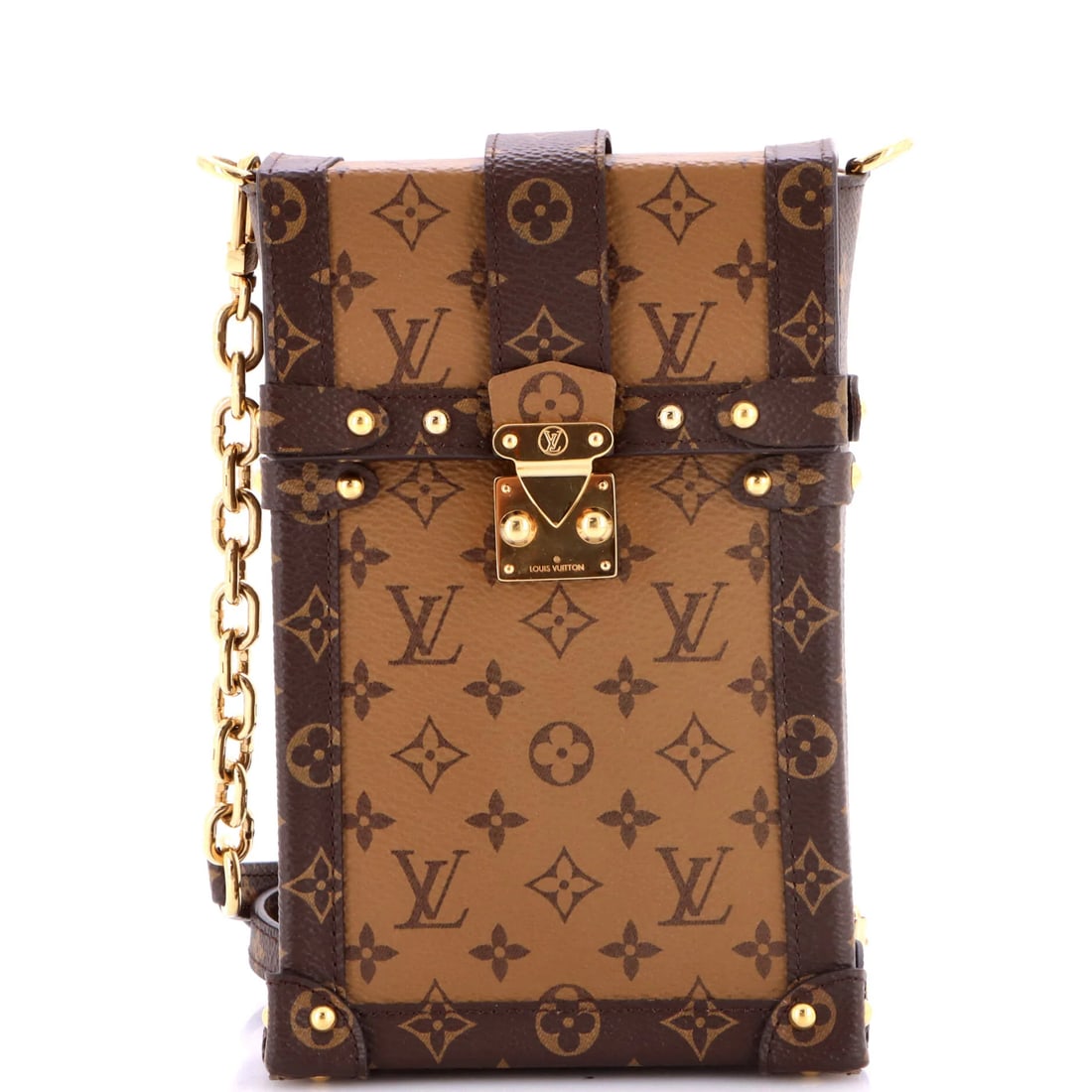 Louis Vuitton Vertical Trunk Pochette Reverse Monogram Canvas: This Louis Vuitton Pochette piece carries the house's design language without excess. It measures approximately 4.5 x 7 x 1.5 in. Authenticity comes guaranteed, as with every Maison de Beaubigonne