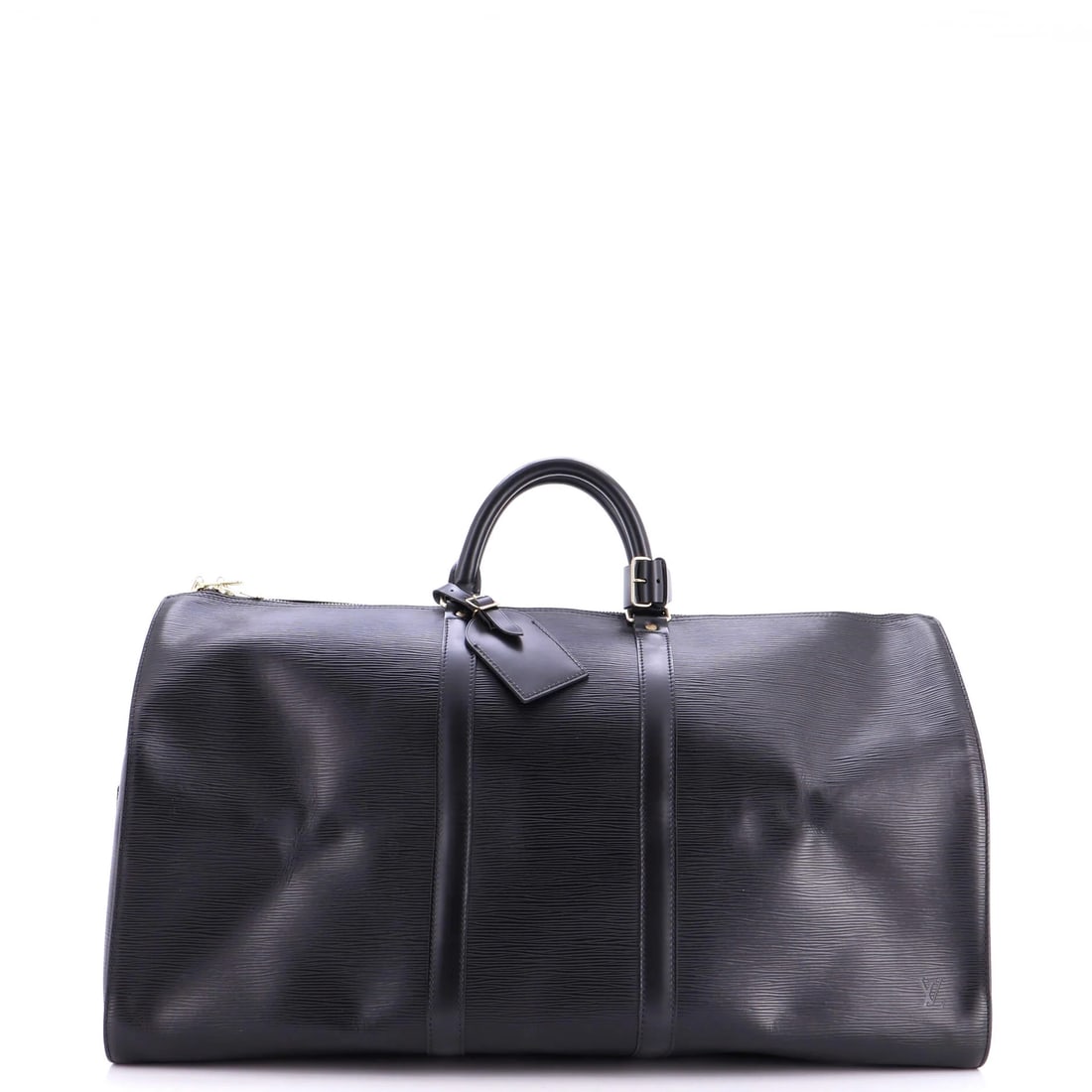 Louis Vuitton Keepall Bag Epi Leather 55: A Louis Vuitton Keepall travel bag, offered on its own merits. Within the house's range, the Keepall is the house's defining soft travel bag. The piece measures about 22.5 x 12 x 10 in. Corners,