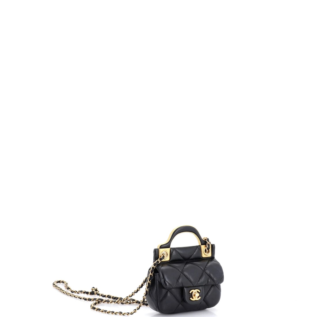 Chanel Lady Handle Flap Card Holder on Chain Quilted Calfskin: Chanel's Lady Handle Flap Card Holder on Chain leads with disciplined lines and a carry profile built for real use, rendered in quilted calfskin leather. Its measured 4 by 4 by 1 inch footprint gives 