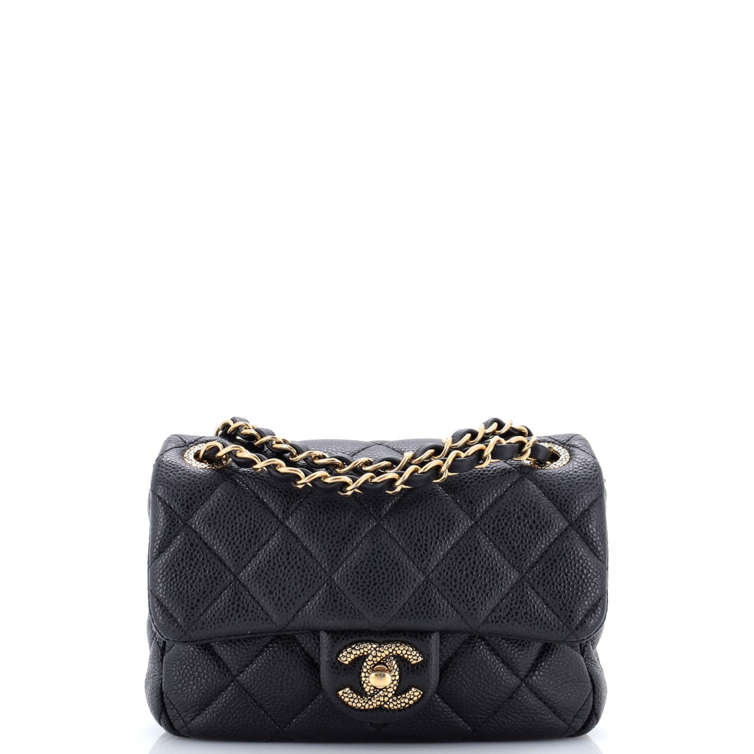 Chanel Textured CC Classic Single Flap Bag Quilted Caviar Mini: The Chanel Textured CC Single Flap Bag opens with the balanced proportion and finish that define the model, rendered in quilted caviar leather. The Classic format strikes a versatile middle ground in 