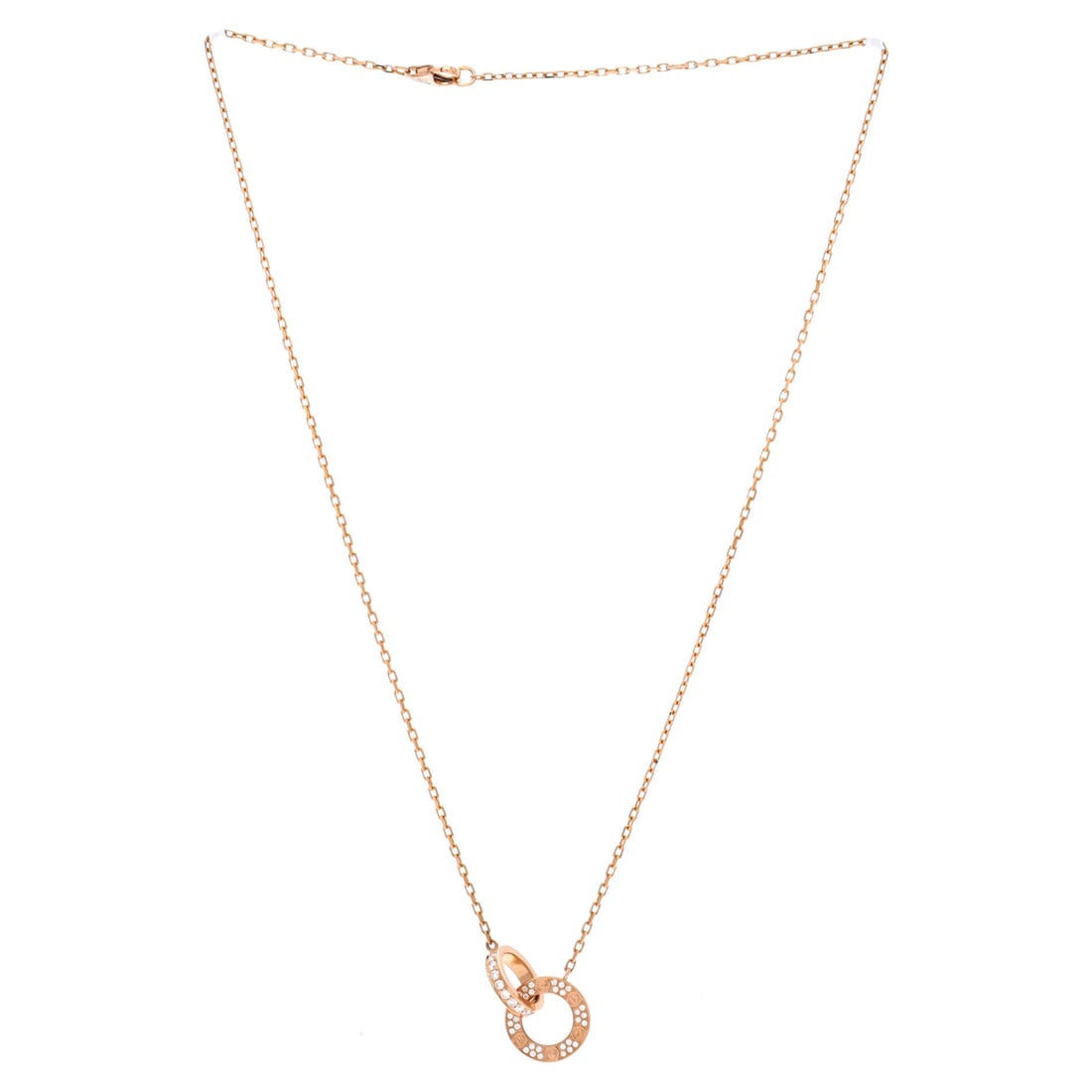 Cartier Love Interlocking Pave Necklace 18K Rose Gold and Diamonds: Cartier Love Interlocking Necklace leads with the clean, sculptural line collectors look for, set with pave diamonds. The scale is judged for everyday presence rather than spectacle, the mark of a pie