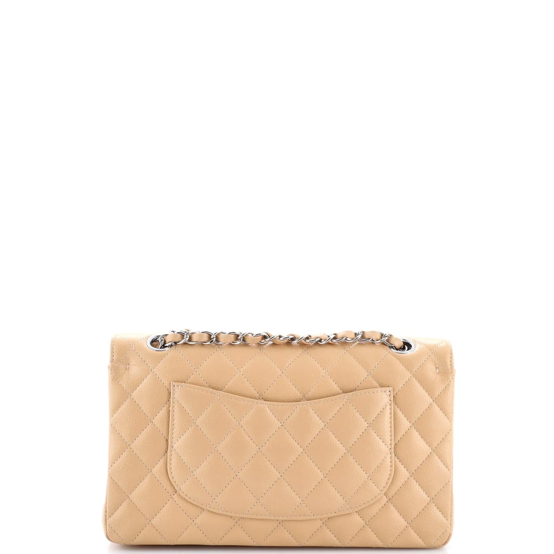 Chanel Classic Double Flap Bag Quilted Caviar Medium: The Chanel Double Flap Bag opens with the balanced proportion and finish that define the model, rendered in quilted caviar leather. The Classic format strikes a versatile middle ground in the line. Si