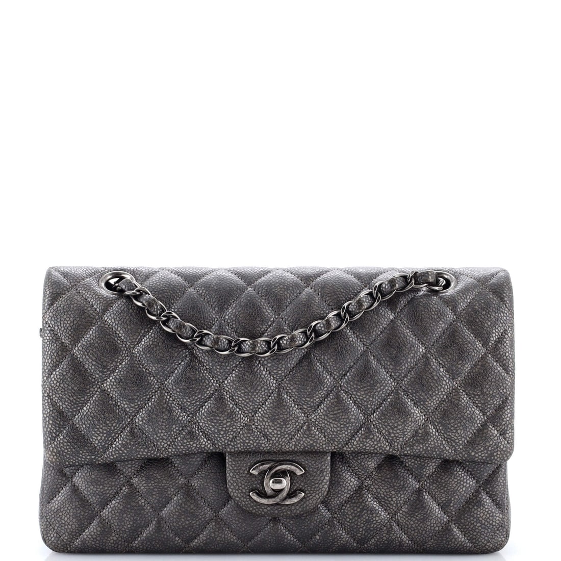 Chanel Classic Double Flap Bag Quilted Metallic Caviar Medium: The Chanel Double Flap Bag Metallic sets the tone for this lot with a shape collectors recognize instantly, rendered in quilted caviar leather. It comes in the Classic size, a scale that places it nea