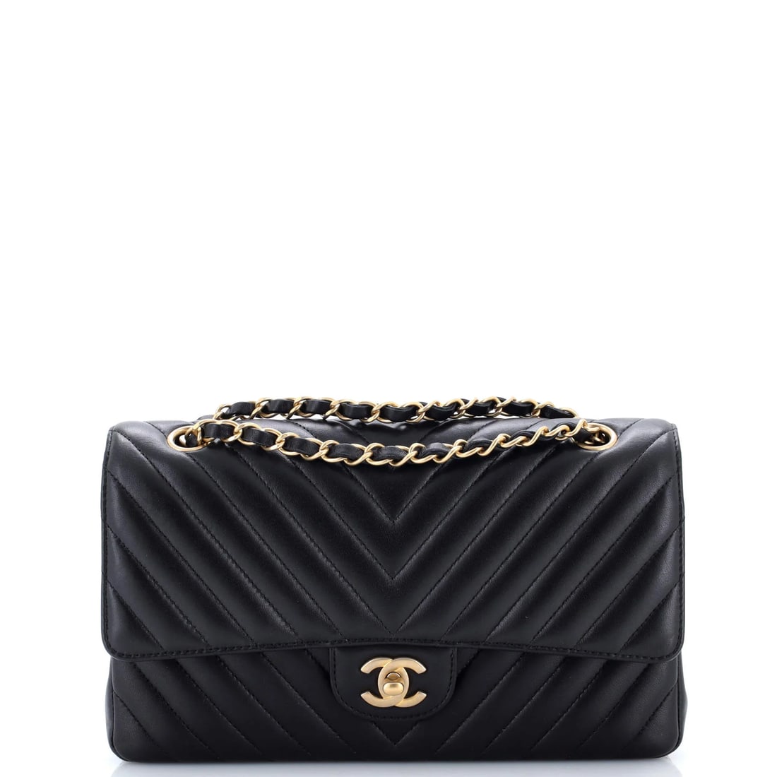 Chanel Classic Double Flap Bag Chevron Lambskin Medium: Presented here is the Chanel Double Flap Bag Chevron, a piece whose form and house identity register at a glance, rendered in lambskin leather. It comes in the Classic size, a scale that places it nea