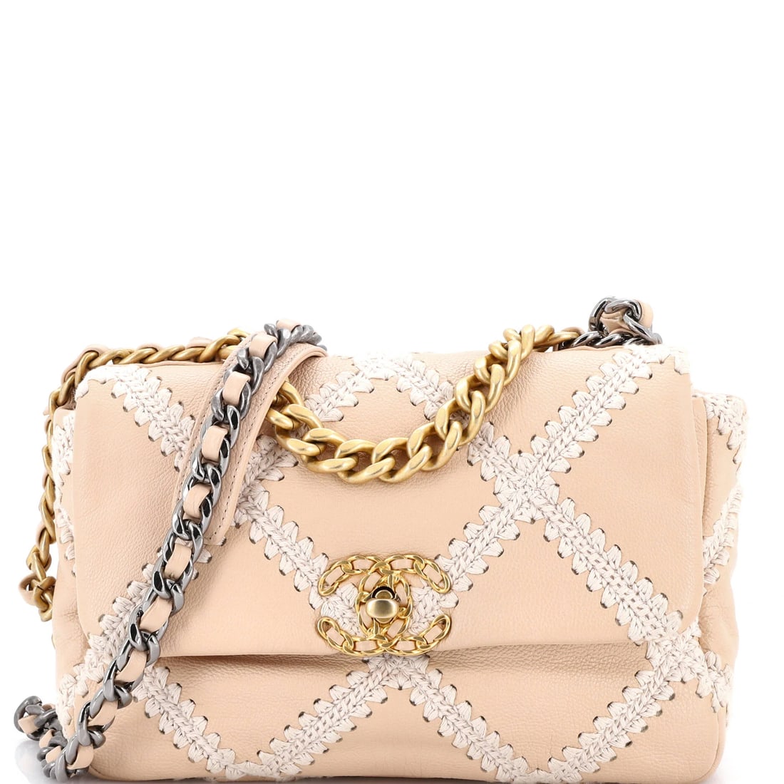 Chanel 19 Flap Bag Quilted Tweed Medium: Presented here is the Chanel Flap Bag, a piece whose form and house identity register at a glance, rendered in quilted tweed. It comes in the Medium size, a scale that places it neatly within the fami