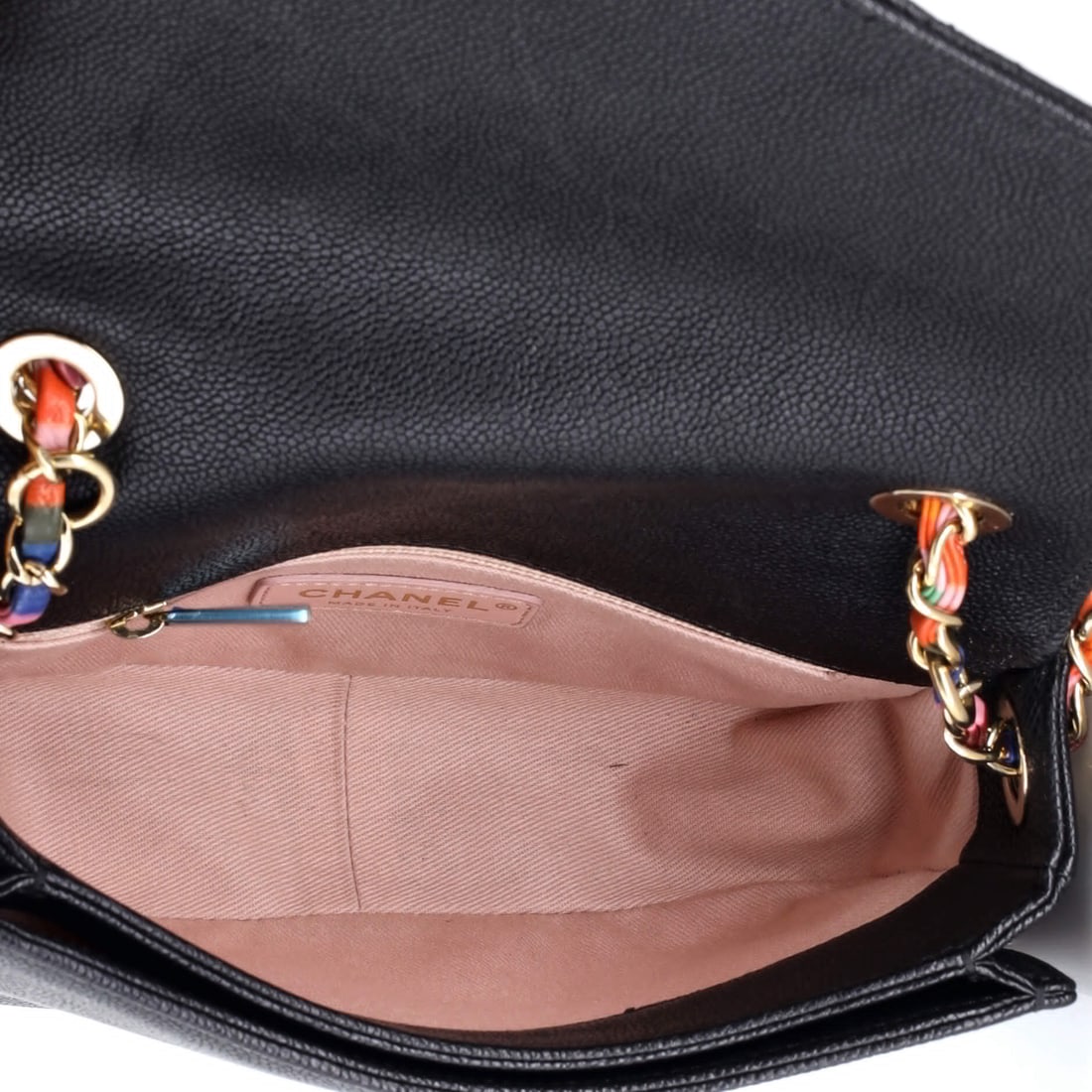 Chanel Thread Around Flap Bag Quilted Caviar Small: Presented here is the Chanel Thread Around Flap Bag, a piece whose form and house identity register at a glance, rendered in quilted caviar leather. The Small format strikes a versatile middle ground 