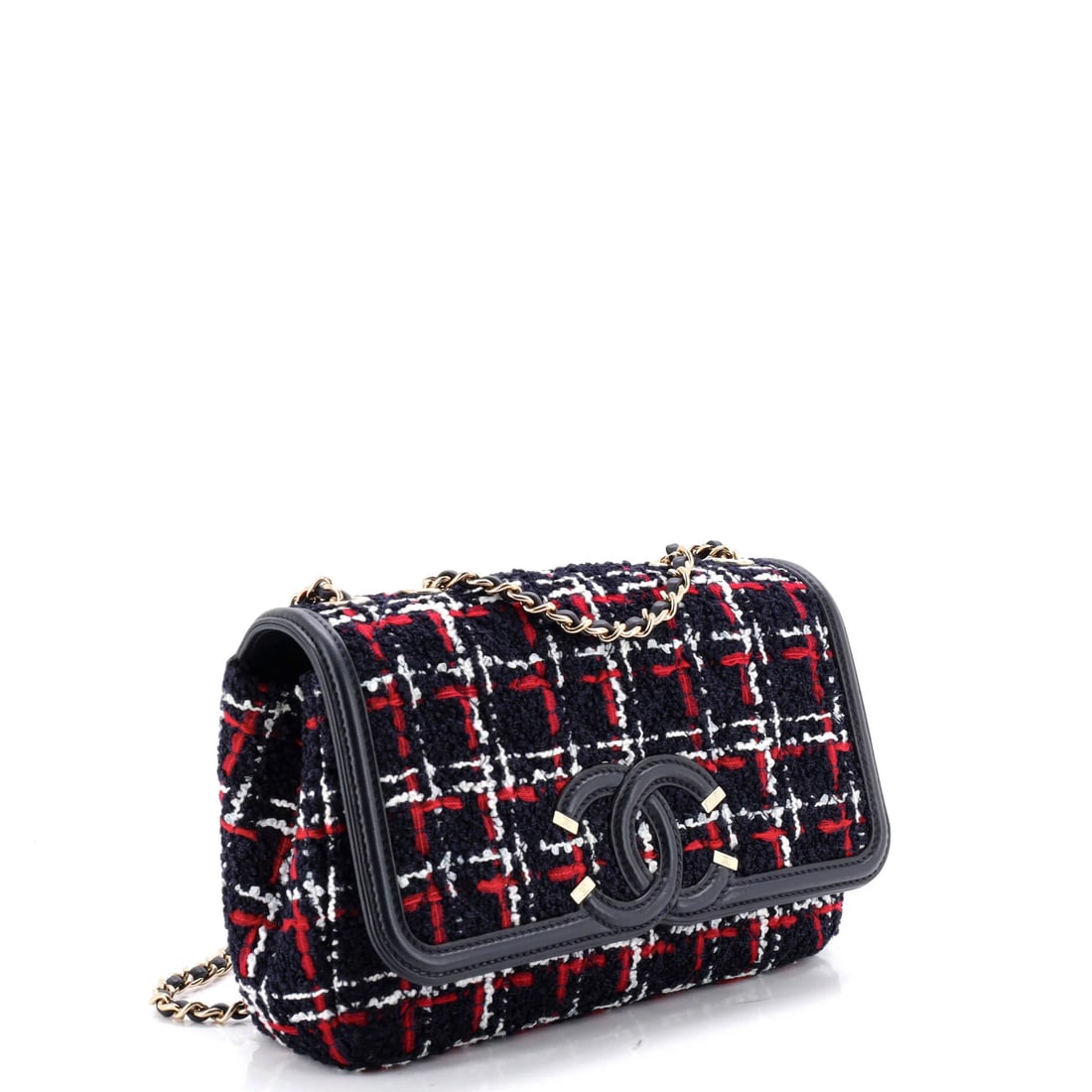 Chanel Denim Mood Flap Clutch with Chain Logo Printed Quilted Fringe Denim: Chanel's Mood Flap Clutch with Chain Logo Printed Fringe leads with disciplined lines and a carry profile built for real use, rendered in quilted denim. Its measured 4 by 5 by 1 inch footprint gives b