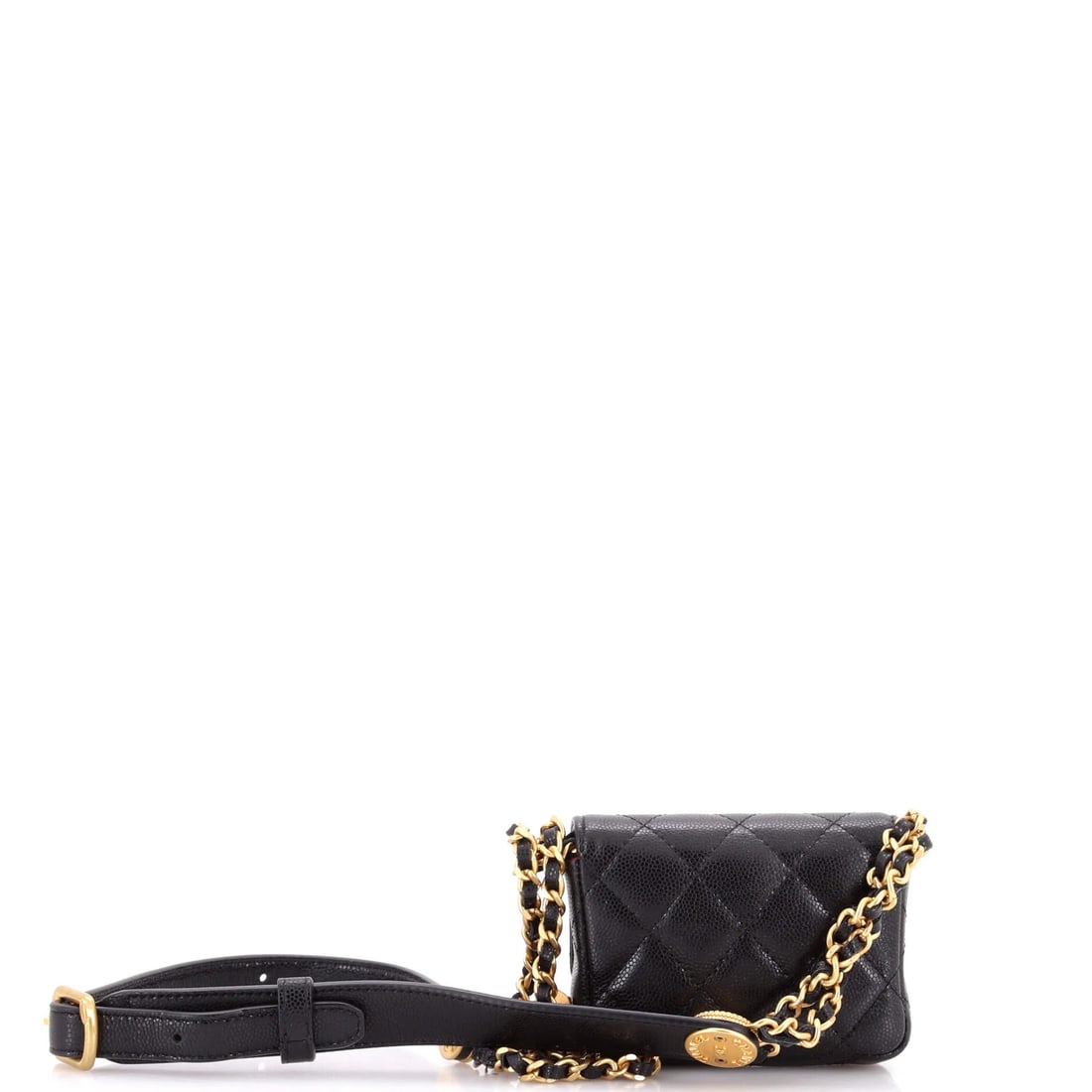 Chanel Classic Flap Chain Belt Bag Quilted Caviar Mini: The Chanel Flap Chain Belt Bag announces itself through clean architecture and a silhouette that reads clearly from across a room, rendered in quilted caviar leather. It comes in the Classic size, a s