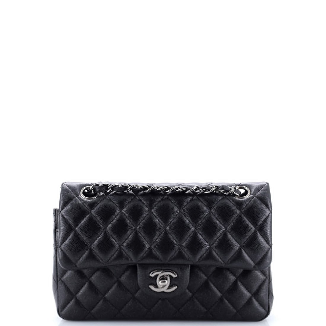 Chanel Classic Double Flap Bag Quilted Iridescent Caviar Small: Chanel's Double Flap Bag Iridescent leads with disciplined lines and a carry profile built for real use, rendered in quilted caviar leather. Presented in the Classic size for an easy, everyday footpri