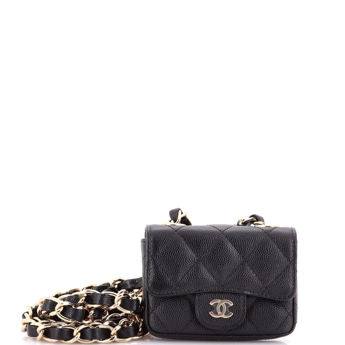 Chanel Classic Flap Charm Chain Belt Bag Quilted Caviar Mini: Presented here is the Chanel Flap Charm Chain Belt Bag, a piece whose form and house identity register at a glance, rendered in quilted caviar leather. Presented in the Classic size for an easy, every