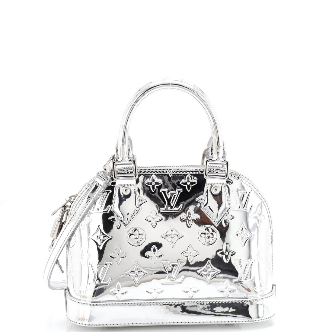Louis Vuitton Alma Handbag Monogram Miroir PVC BB: The Louis Vuitton Alma Handbag Miroir PVC opens with the balanced proportion and finish that define the model, rendered in Monogram canvas. The BB format strikes a versatile middle ground in the line.