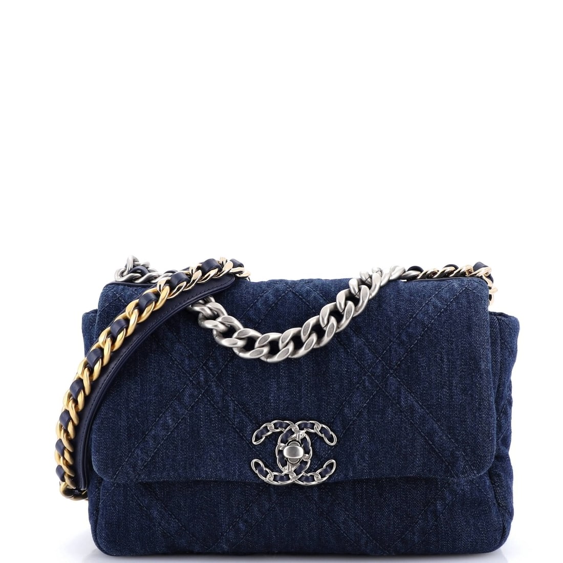 Chanel 19 Flap Bag Quilted Denim Medium: Presented here is the Chanel Flap Bag, a piece whose form and house identity register at a glance, rendered in quilted denim. The Medium format strikes a versatile middle ground in the line. This