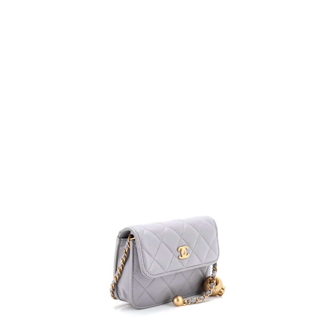 Chanel Top Handle Flap Coin Purse with Chain Quilted Lambskin: Crisp and self-assured, the Chanel Top Handle Flap Coin Purse with Chain wears its house identity without raising its voice, rendered in quilted lambskin leather. Its measured 3.5 by 4.5 by 1.5 inch f