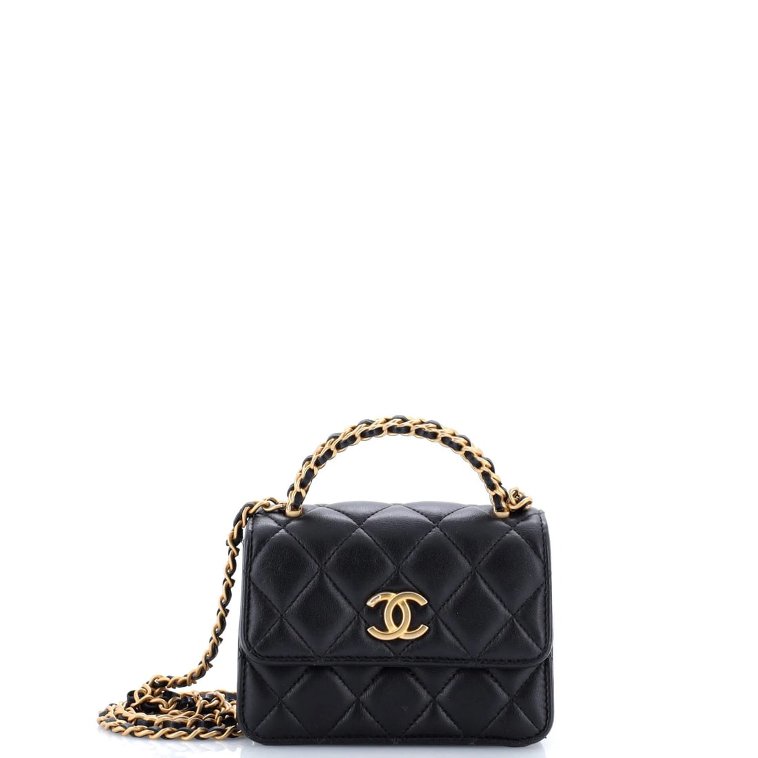 Chanel Woven Top Handle CC Flap Clutch on Chain Quilted Lambskin Small: The Chanel Woven Top Handle CC Flap Clutch on Chain opens with the balanced proportion and finish that define the model, rendered in quilted lambskin leather. It comes in the Small size, a scale that 