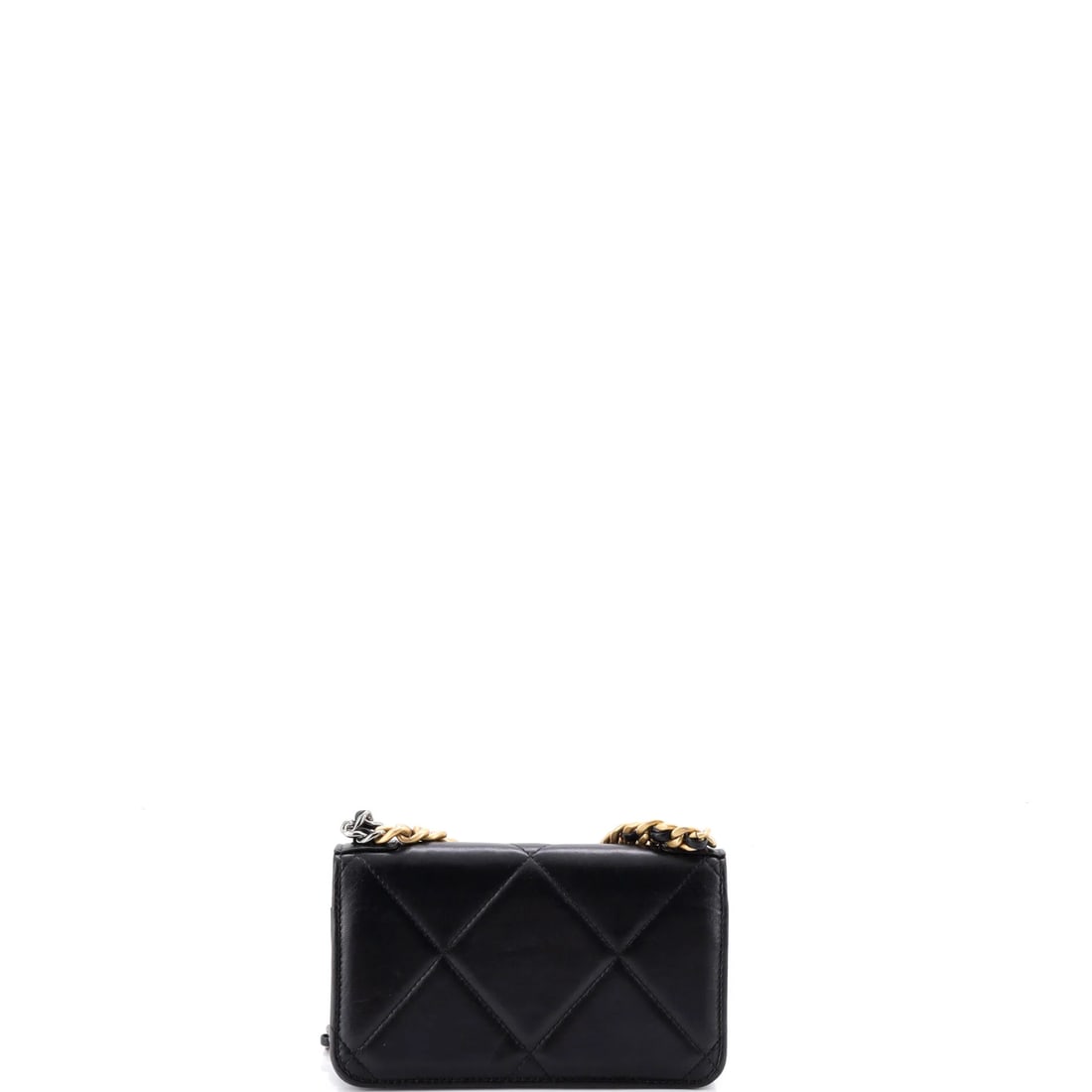 Chanel 19 Flap Phone Holder with Chain Quilted Lambskin: The Chanel Flap Phone Holder with Chain carries the unmistakable hand of the house in its proportion and finish, rendered in quilted lambskin leather. Its measured 5 by 7 by 1.5 inch footprint gives b