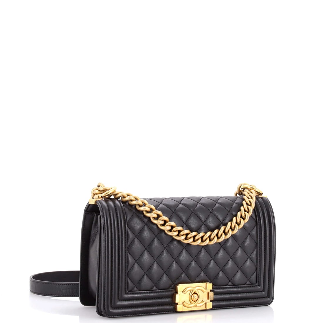 Chanel Boy Flap Bag Quilted Lambskin Old Medium: Chanel's Boy Flap Bag Old leads with disciplined lines and a carry profile built for real use, rendered in quilted lambskin leather. It comes in the Medium size, a scale that places it neatly within t