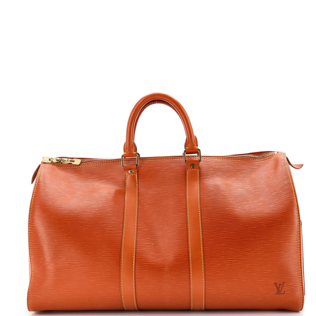 Louis Vuitton Keepall Bag Epi Leather: Epi leather defines this Louis Vuitton Keepall Bag. A gym-to-getaway duffel that holds two or three days without looking overstuffed. At 19"W x 11"H x 8"D, 4" handle drop, the proportions read true to