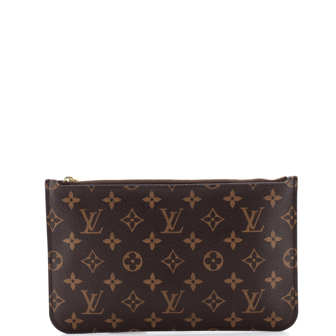 Louis Vuitton Neverfull Pochette Monogram Canvas: A Louis Vuitton Neverfull Pochette in Monogram canvas. Cinch the sides for shape or let them out for capacity; either way it carries flat on the shoulder. Footprint is 10"W x 6.5"H x 1"D, 6" handle dr