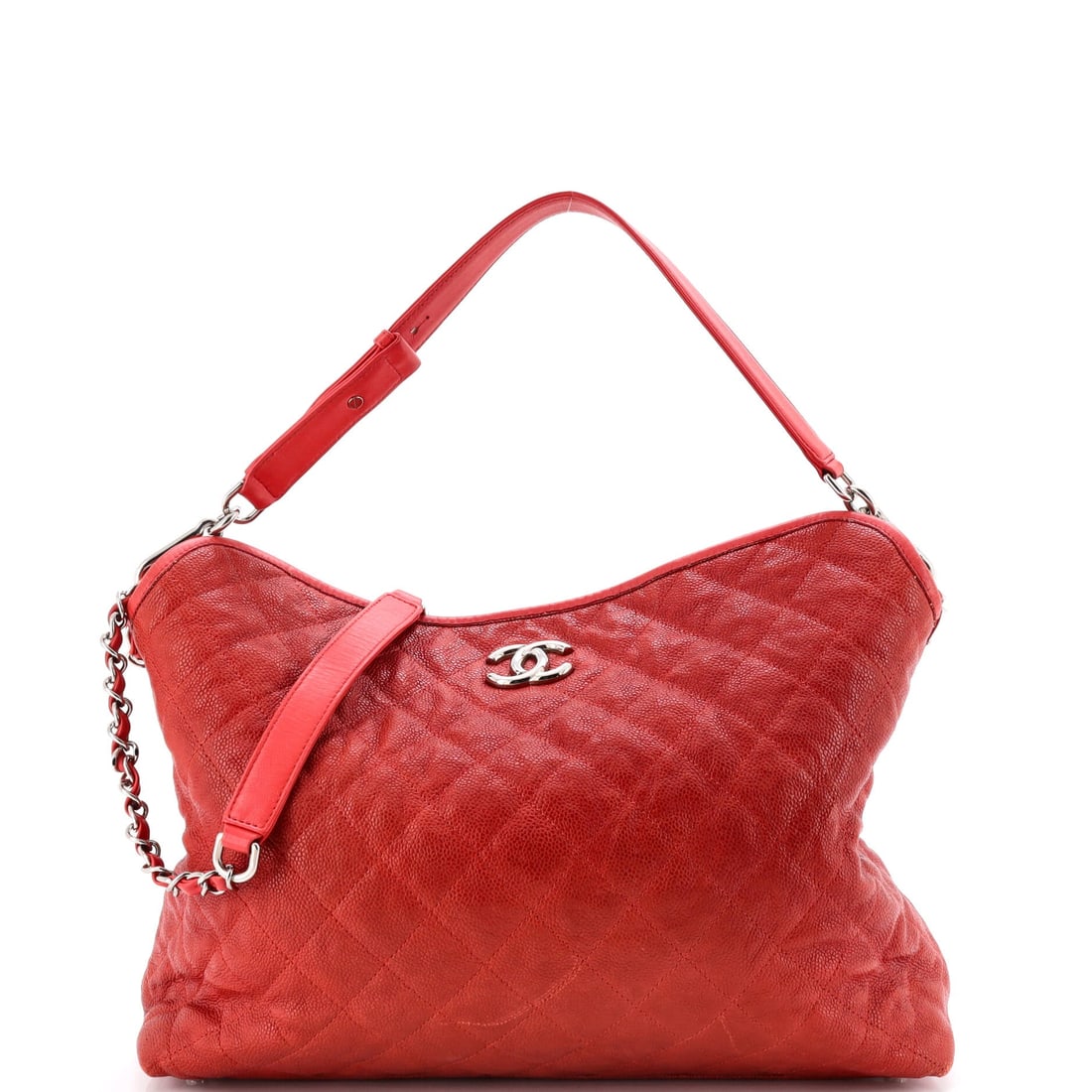 Chanel French Riviera Hobo Quilted Caviar: The French Riviera Hobo from Chanel, in quilted Caviar. A soft hobo cut for an easy shoulder carry. Dimensions are 13.5"W x 10"H x 4"D, 5." handle drop and 14" strap drop. Offered in Grade D - Good co