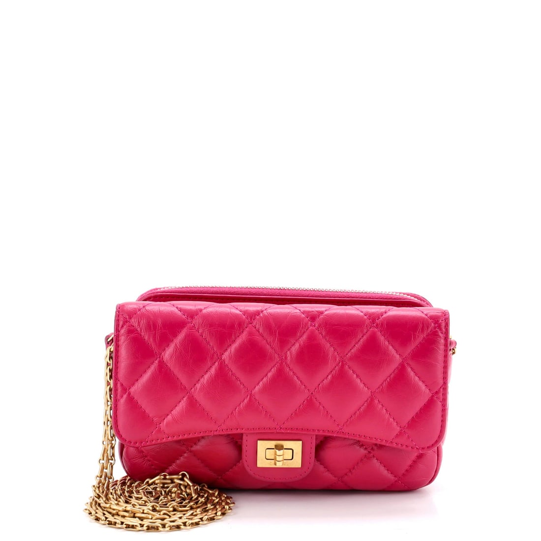 Chanel Reissue 2.55 Flap Phone Holder with Chain Quilted Aged Calfskin: Chanel Reissue 2.55 Flap Phone Holder with Chain, quilted aged calfskin. Carries the original flap codes, down to the mademoiselle lock and the chain-only strap. It measures 6.5"W x 4"H x 1.5"D, 22" s