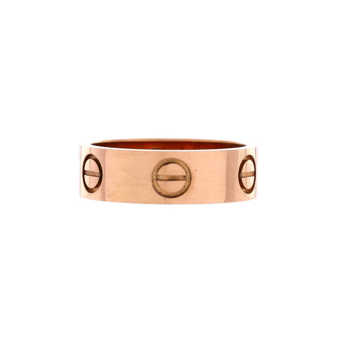 Cartier Love Band Ring 18K Rose Gold: The Love Band Ring from Cartier, in 18K rose gold. A medium-width Love band, screw-motif running the full circumference for that instantly readable Cartier line. Shows as Grade A - Pristine. Maison de