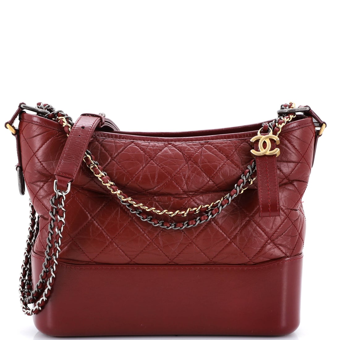 Chanel Gabrielle Hobo Quilted Aged Calfskin: Chanel Gabrielle Hobo, cut in quilted aged calfskin. A suspended, between-the-shoulders hobo that swings easily from day to night. 10"W x 9"H x 4"D, 17" handle drop and 26" strap drop, so the scale is