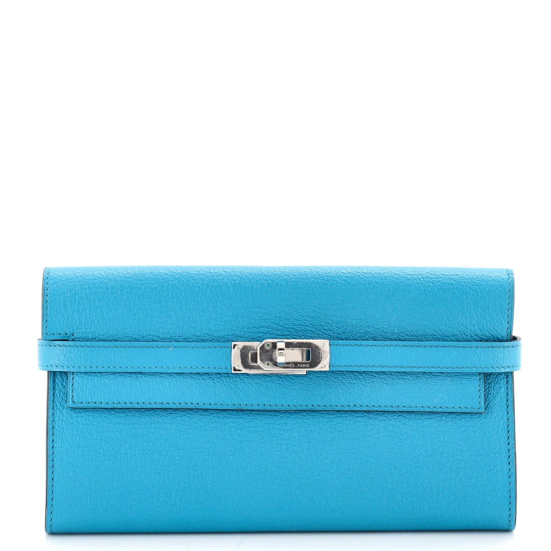 Hermes Kelly Wallet Chevre Mysore: Hermes Kelly Wallet. Borrows the Kelly's turn-lock language, scaled down with the same clean, saddlery-rooted lines. Sized at 7.5"W x 4.5"H x 1"D. Comes in Grade C - Very Good condition. Maison de Bea