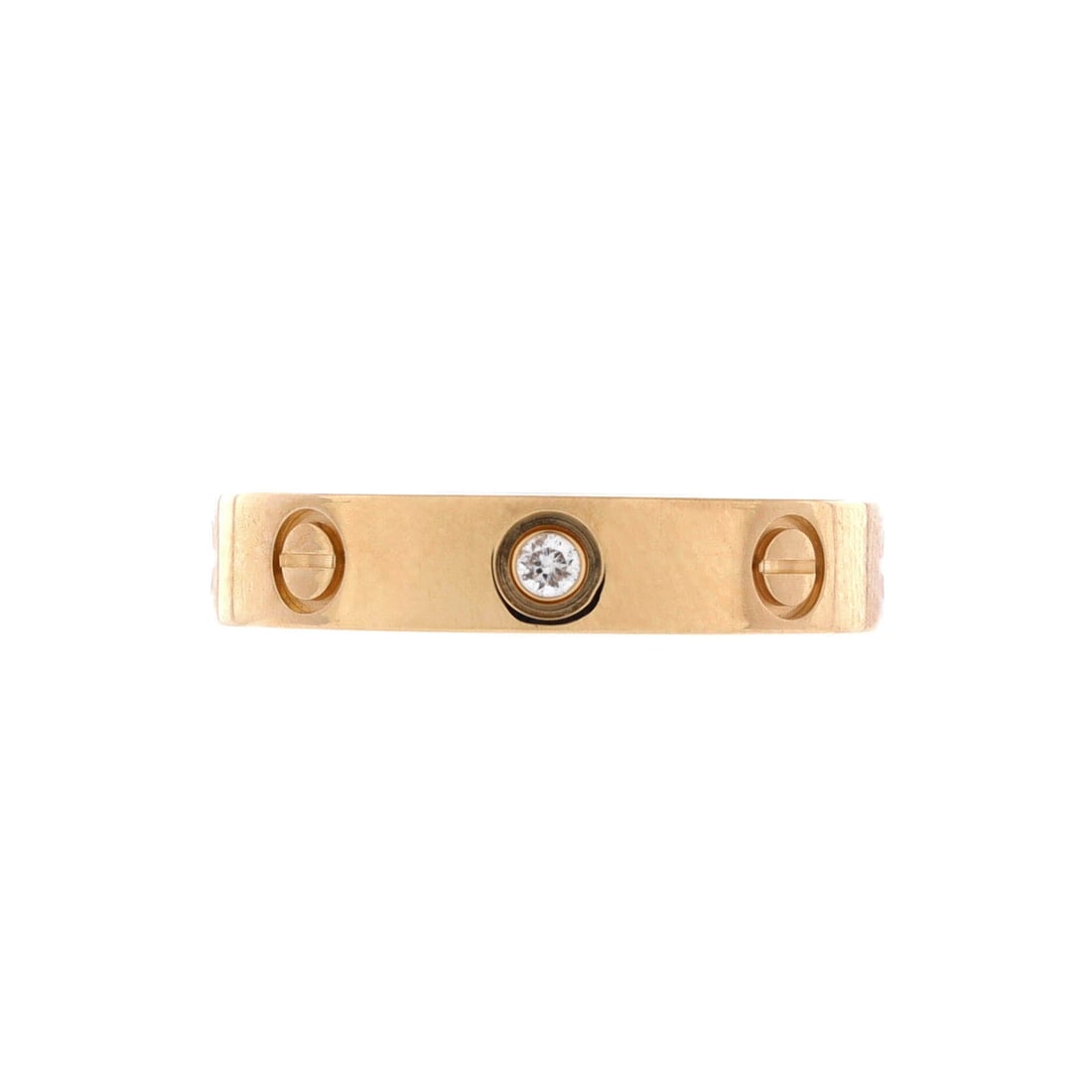Cartier Love Wedding Band 1 Diamond Ring 18K Yellow Gold with Diamond: Cartier Love Wedding Band 1 Diamond Ring, cut in 18K yellow gold with diamond. The slimmest profile in the Love family, a wedding-width band with the screw-motif kept clean and low. Fine-jewelry weigh