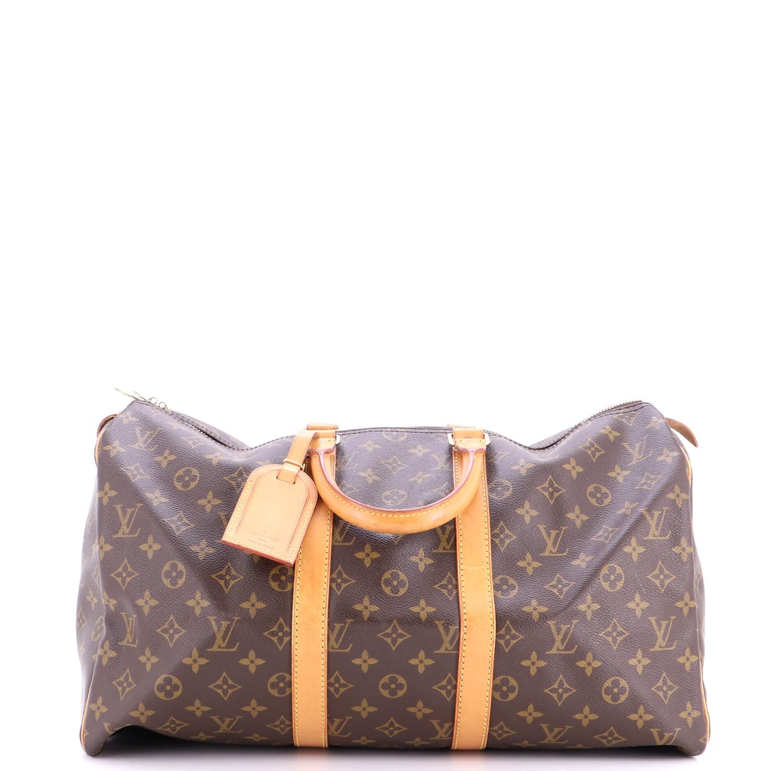 Louis Vuitton Keepall Bag Monogram Canvas: Monogram canvas defines this Louis Vuitton Keepall Bag. The rounded ends and double-zip top give it the easy, broken-in look the line is known for. 18"W x 10"H x 8"D, 4" handle drop and 5" strap drop 